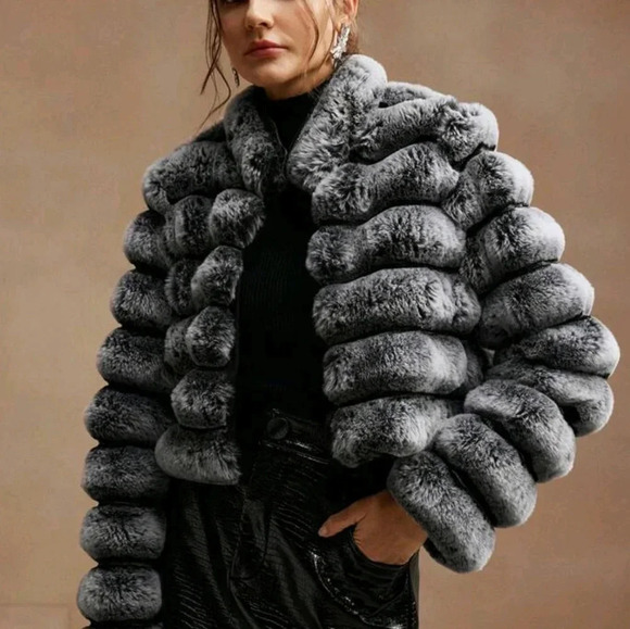 Black & Faded Two-Tone Embossed Fluffy Jacket, Warm Padded Coat For Women - Picture 2 of 6